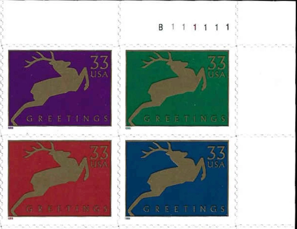 US #3356-3359 MNH Plate Block 1999 Christmas Jumping Gold Reindeer [B111111] - Image 1 of 1