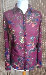 Womens Size 10 Sheer Blouse Burgundy Bird And Floral Design  - Picture 1 of 7
