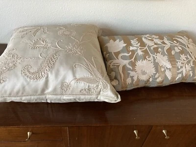 ETHAN ALLEN Two Decorative Pillows Floral Embroidered 100% Silk Blue Brown Cream - Image 1 of 4