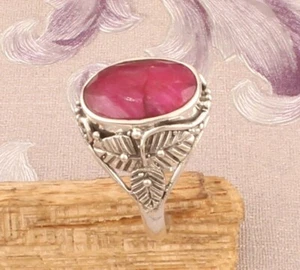 925 Sterling Silver Engraved Leaf Natural Ruby Gemstone Ring Valentines Day Gift - Picture 1 of 9