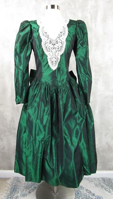 Vintage Jessica McClintock Green Metallic Victorian Tea Dress Lace Collar Small - Image 1 of 4