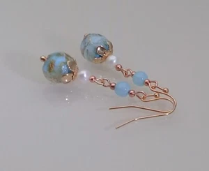 Venetian Sommerso Aventurine Glass Earrings with Cultured Pearl Turquoise Blue - Picture 1 of 4
