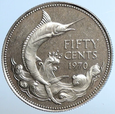 1970 BAHAMAS UK Queen Elizabeth II Marlin Proof Silver Coin 50 Cent Coin i110975 - Image 1 of 3