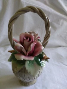 Vintage CAPODIMONTE Porcelain BISQUE Pink Flower Basket Handle 7" Tall - Picture 1 of 8