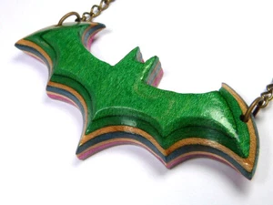 RECYCLED SKATEBOARD Bat Necklace Handmade Wooden Alternative Gothic Wood Pendant - Picture 1 of 10