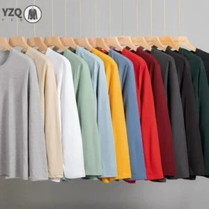 Men Solid Color Long Sleeve T-Shirt – Cotton Round Neck Casual Summer Breathable - Picture 1 of 12