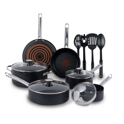 GROUPE SEB T-Fal Cook & Strain Non-Stick, 14 Piece Pots and Pans Cookware Set, Black