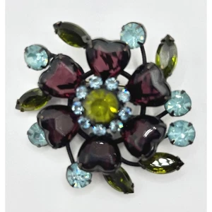 Vintage Flower Brooch Pin Purple Heart Green Blue Rhinestone Floral - Picture 1 of 7