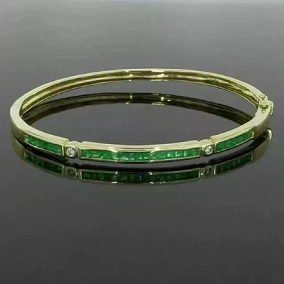 3Ct Princess cut Lab Created Emerald Bangle Bracelet In 14K Yellow Gold Plated - Image 1 of 4