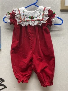 Vtg Baby Romper Overalls Red Embroidered Christmas Floral Plaid Velvet sz 6-9 Mo - Picture 1 of 12