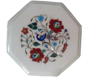 1'x1' White Marble End Corner Table Top Floral Inlaid Outdoor Furniture Decor - Picture 1 of 2