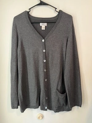 Cárdigan Vintage Spa By Chicos Seda Cachemira Blnd Cuello en V Botón Frontal Gris Talla L Foto 1 de 3