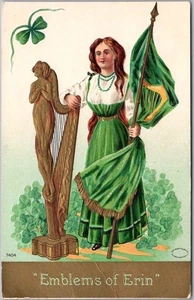 c1910s ST. PATRICK'S DAY Postkarte Frau / Goldene Harfe und Flagge "Emblems of Erin" - Bild 1 von 2