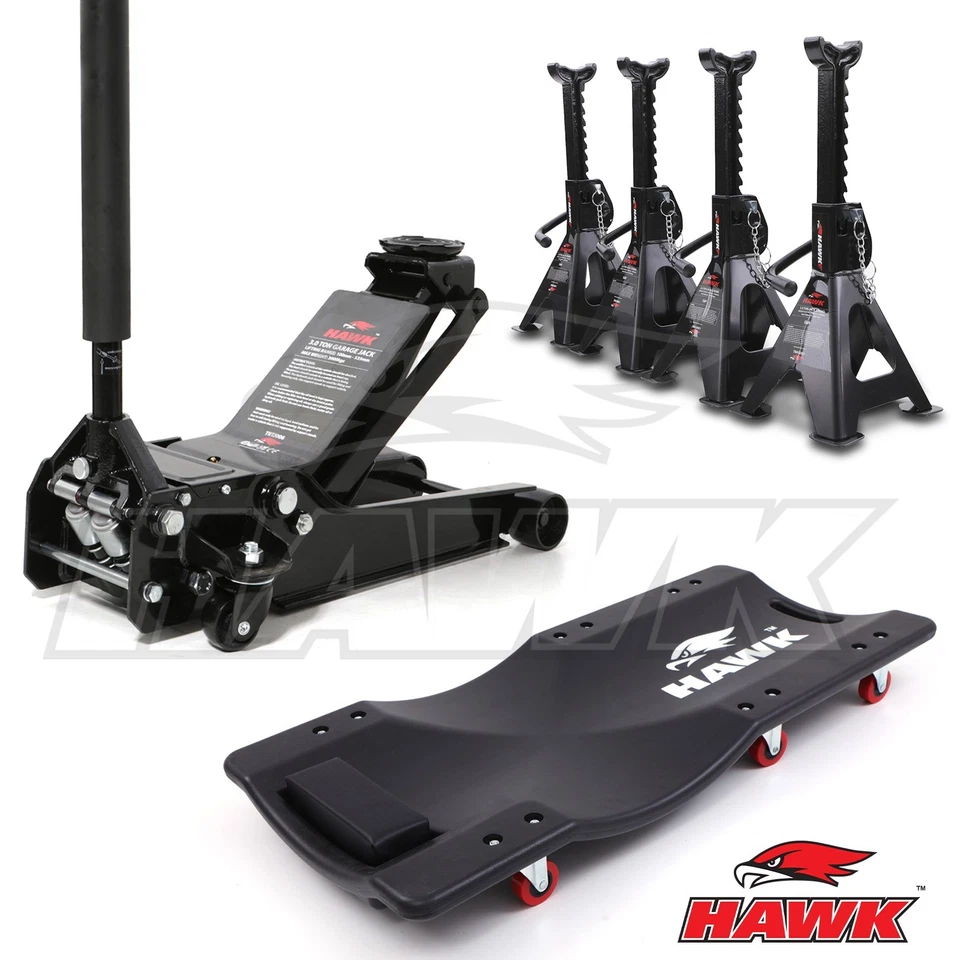 HAWK 3T 3 TONNE LOW PROFILE CAR TROLLEY JACK KIT WITH CREEPER & 4 AXLE STANDS - Image 1 of 4