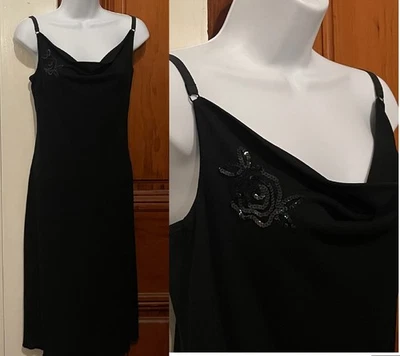 ESPRIT Black Slip Dress (SMALL) Vintage Y2K Stretch Elastic Straps Sequin Flower - Image 1 of 4