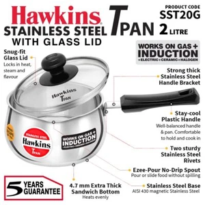 Hawkins Stainless Steel T-Pan with Glass Lid 18cm / 2 Litre Induction Compatible - Picture 1 of 7
