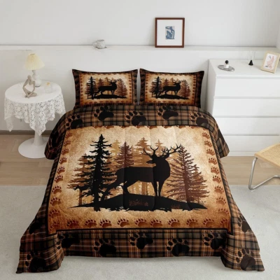 Deer Bear Plaid Comforter Set Queen Size,Animal Hunting Bear Print Bedding Set f - Image 1 of 4