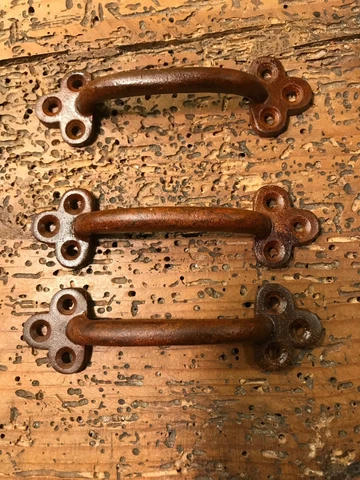 THREE (3) SMall Cast IRON Rustic Boxcar Industrial  Door Gate Shed Handles Pulls Cover