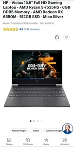 HP Victus 15.6 Gaming Laptop AMD Ryzen 5 7535HS Radeon RX 6550M 8GB 512GB SSD - Picture 1 of 6