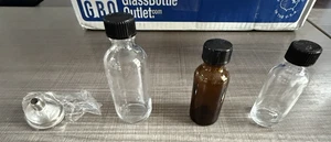 12 ea 2 oz,30 ea 1 oz Clear & 45 1 oz Brown Small Glass Bottles w/Lids 6 funnels - Picture 1 of 12
