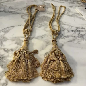 2 Lavish Large Curtain & Drapery Hand Crafted Tassel Tiebacks 18" Rope 9" Gold - Picture 1 of 8
