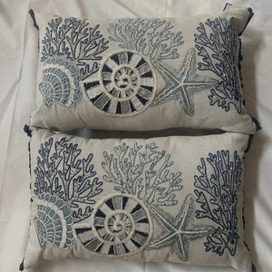 Coastal Collection Nautical Beach Beaded Embroidered Pillow 14x22Starfish,Shell - Picture 1 of 24