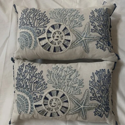 Coastal Collection Nautical Beach Beaded Embroidered Pillow 14x22Starfish,Shell - Image 1 of 4