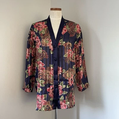 Bata de satén vintage años 90 Victoria Secret azul rosa estampado cachemir para mujer pequeña Foto 1 de 4