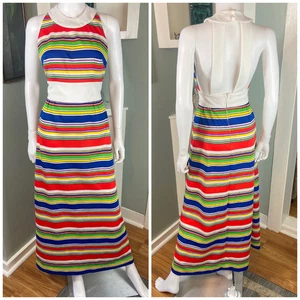 Vintage 70s Rainbow Striped Polyester Maxi Sun Cage Dress Momentum XS/S Hostess - Bild 1 von 9