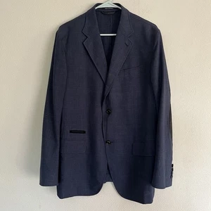 Ermenegildo Zegna 52R Silk Lambskin Blue Plaid Elbow Patch Blazer - Picture 1 of 9