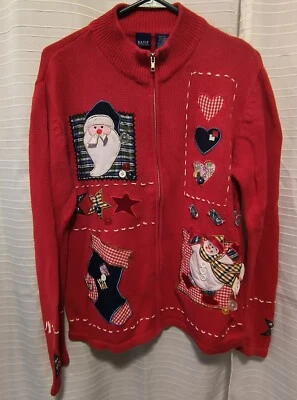 Cárdigan suéter vintage rojo feo de Navidad para mujer mediano cremallera completa frontal Foto 1 de 4