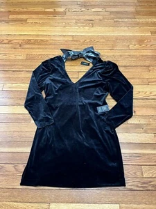 Express Black Velvet Dress Long Sleeve Deep V Neck Tie Back Size Large NWT $88 - Picture 1 of 4