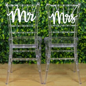 White 2 Wooden 12" x 6" Mr and Mrs Chair Signs Wedding Hanging Decor Party Event - Picture 1 of 9