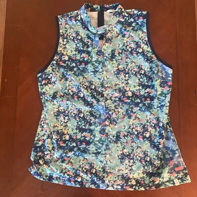 Lady Hagen Sleeveless Floral Turquoise Golf Top keyhole/zip XL - Image 1 of 3