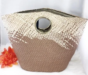 INC Open Handle Straw Tote Purse Brown Gold large - Picture 1 of 8