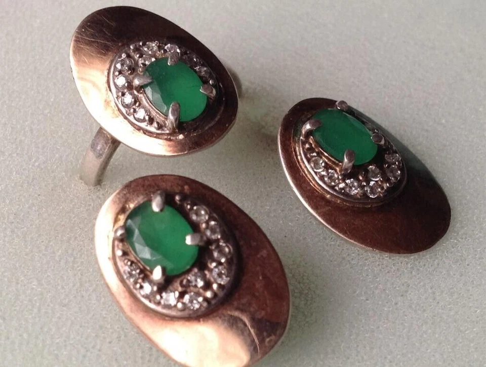 Conjunto Joyería Mujer Pendientes y Anillo Plata 925 Oro 375 Piedra Esmeralda 10.6 gr Foto 1 de 4