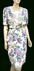 Vintage Retro 80s Peplum Lace Power Lunch Wiggle Pencil Dress M purple pink - Picture 1 of 8