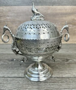 Antique Chinese Silver Plated incense burner With Dragons And Birds H8xD5” - Picture 1 of 15