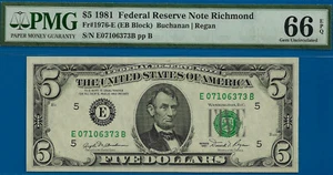 1981 $5 Federal Reserve Note PMG 66EPQ 2nd highest graded EB Block Fr 1976-E - Picture 1 of 3