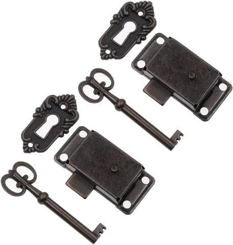 Kyuionty 2 Sets Skeleton Key Lock Decorative Antique Brass Cabinet Lock with Key Cover