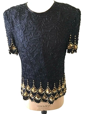 Top laurence kazar talla PXL negro seda adornado con cuentas manga corta vintage Foto 1 de 4