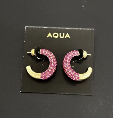Aqua Gold Tone Pave Half Hoop Huggie Earrings With Pink Crystals $50 - Image 1 of 4