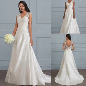Ladies V Neck Halterneck Bridal Dress White Lace Mermaid Wedding Ball Gown Dress - Picture 1 of 7