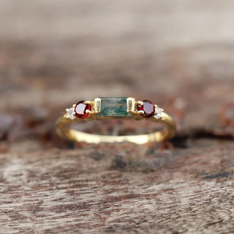 Anillo de ágata granate y musgo de plata de ley 925 anillo solitario de oro Vermeil Foto 1 de 4