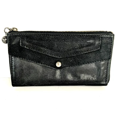 Cartera Anthropologie Kimchi Azul Negro Cuero Búfalo Solapa Rectángulo 10 Tarjetas Foto 1 de 4