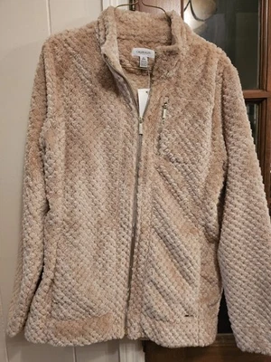 Nova jaqueta bege feminina Calvin Klein. Sherpa difuso com ferragens douradas. Tamanho médio - Imagem 1 de 4