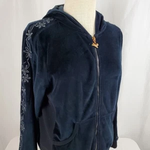 Central Park Womens Velour Zip Hoodie Medium Dark Navy Sleeve Embroidery Pockets - Picture 1 of 9