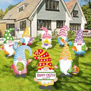 8 Pieces Easter Yard Signs Decorations, Outdoor Gnomes Decorations w/ Stakes