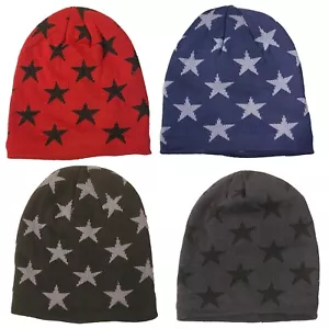 Unisex Star Pattern Fashion Knit Ski Faux Fur Beanie Hat Cap - Picture 1 of 9