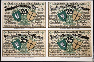 LYCK / EŁK 1920 4 piezas ¡HOJA DE MUESTRA SIN CORTAR! XX-RARO Alemán Notgeld Polonia 25 Pf Foto 1 de 2